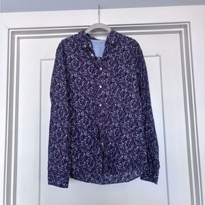 Banana Republic Navy Floral Luxe Poplin Untucked Slim Fit Collared Shirt Sz L